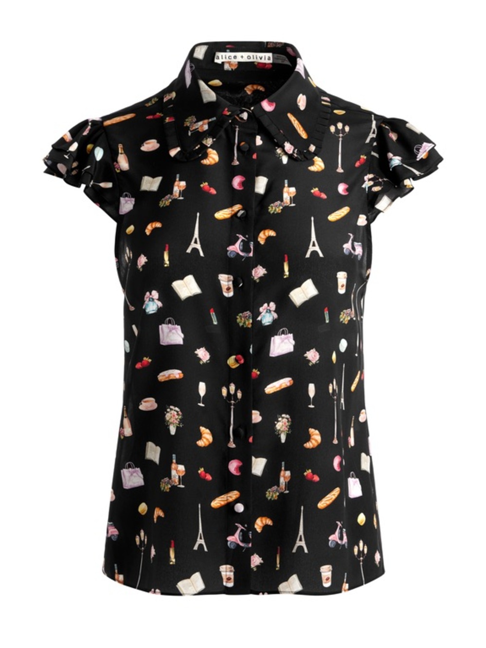 Alice + Olivia Martel Paris Black Silk Blouse